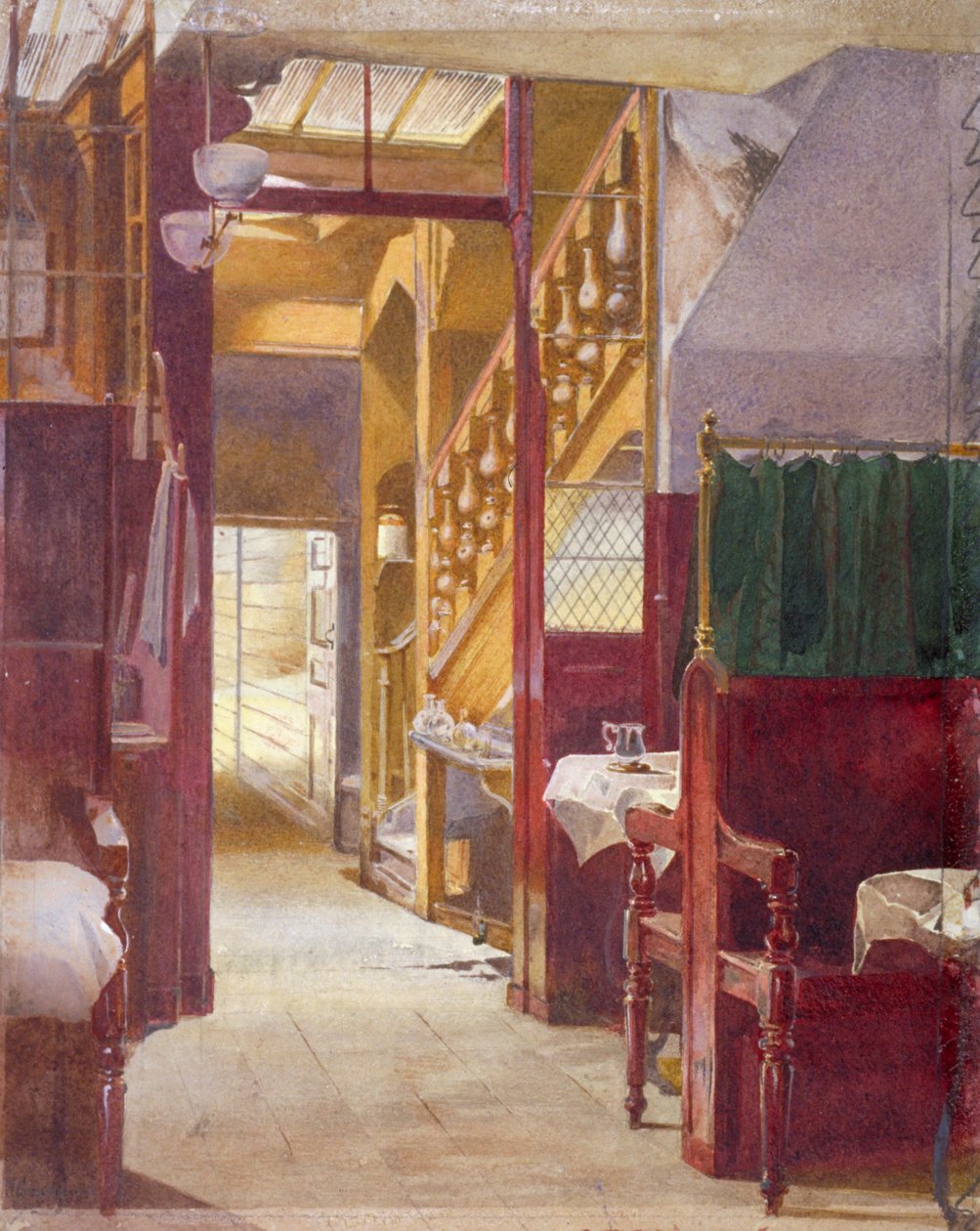 Vista interior mostrando a escadaria da Cock Tavern, Fleet Street, City of London, 1881 de John Crowther