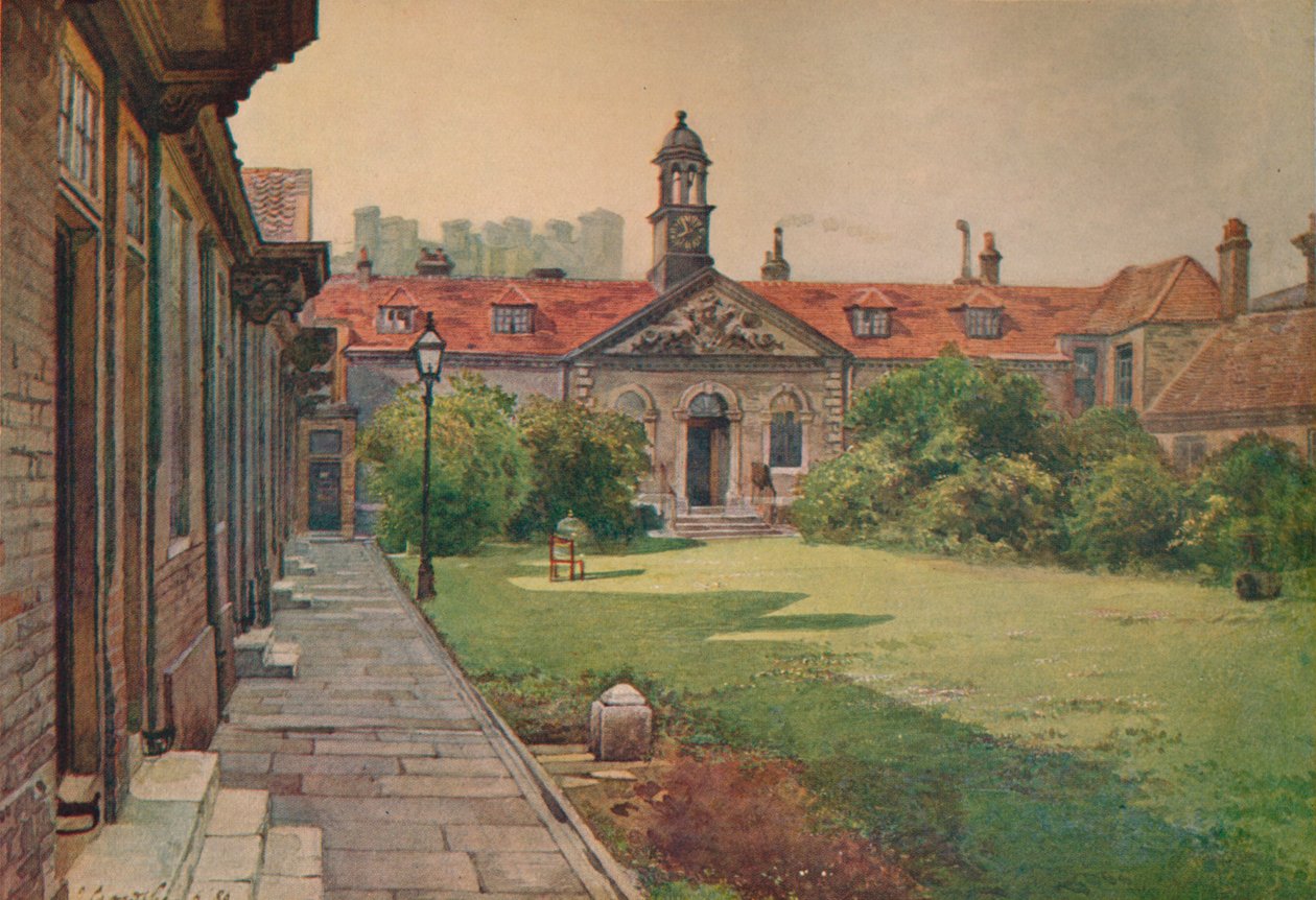 Lady DAcres Almshouses, frente ao jardim, c1880 1926 de John Crowther