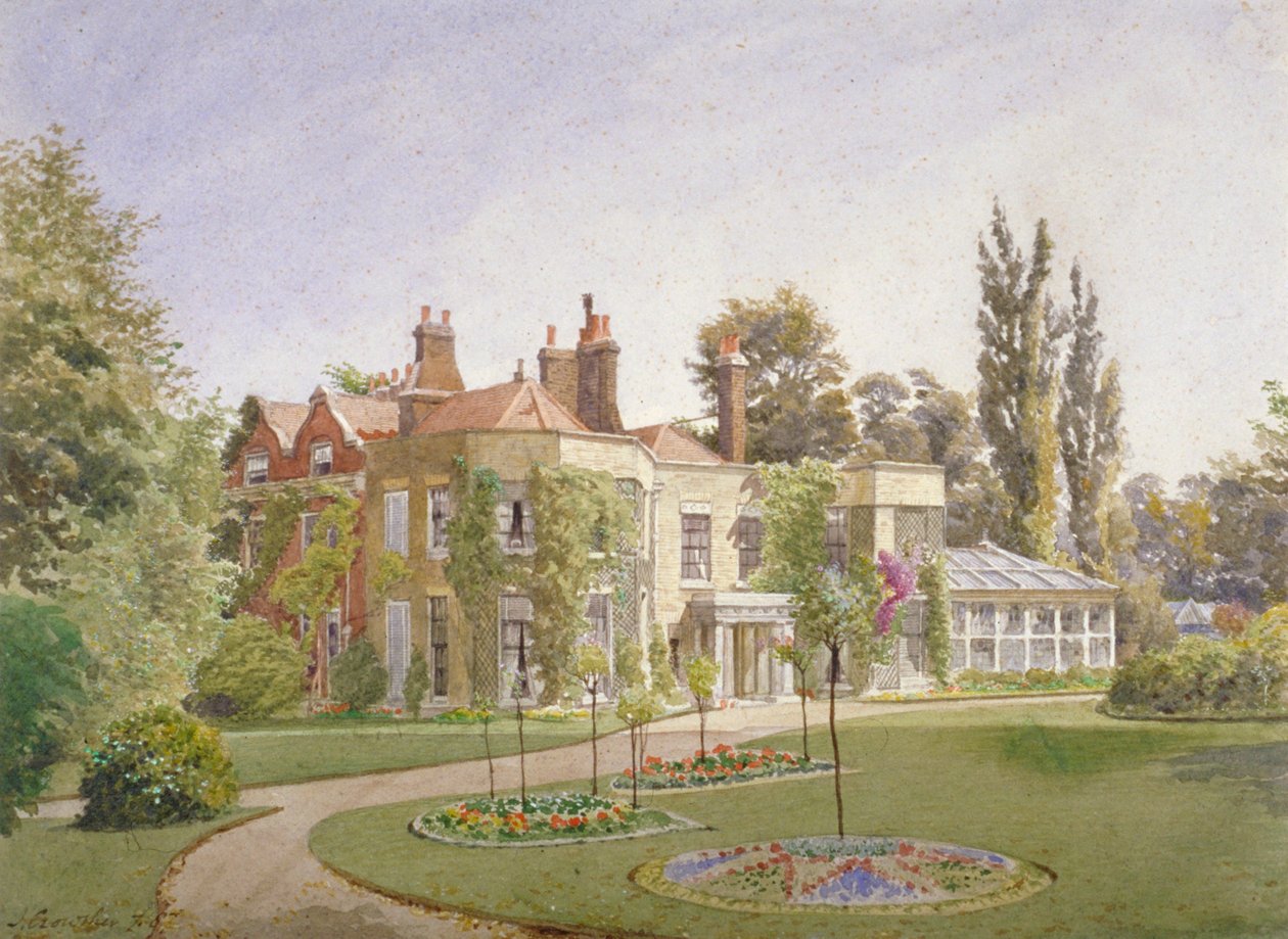A entrada principal e jardim em Raleigh House, Brixton Hill, Lambeth, Londres, 1887 de John Crowther