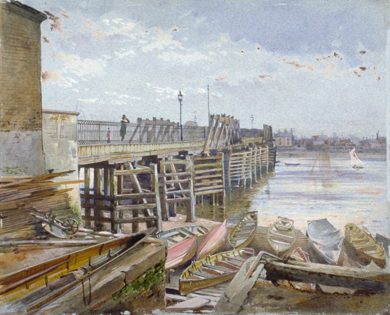Vista da ponte Battersea olhando através do rio Tâmisa, Londres, 1885 de John Crowther