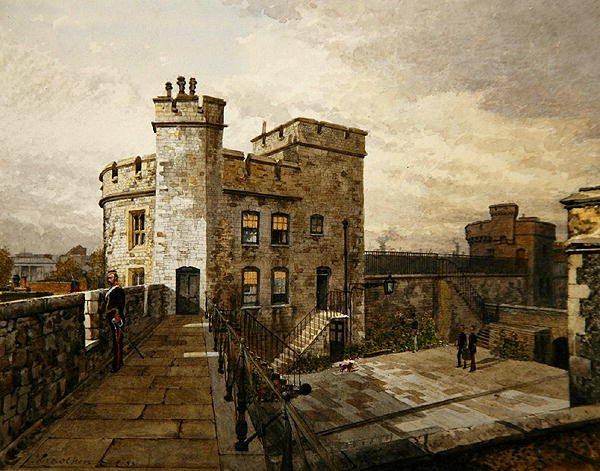 Vista da Torre Devereux, Torre de Londres, com figuras em vestuário militar de John Crowther