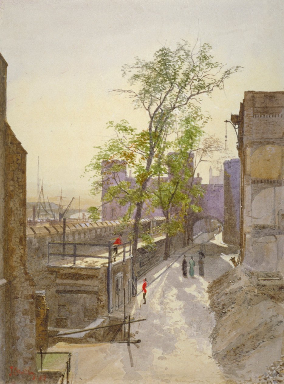 Vista das lojas com vista para oeste de Cradle Tower, Tower of London, Stepney, London, 1883 de John Crowther