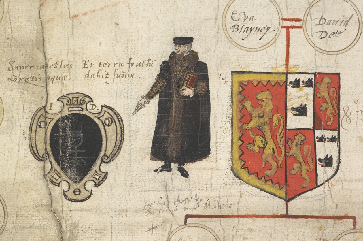 Um detalhe do rolo Genealógico da descida de John Dee ... mostrando o seu parentesco com os Soberanos da Casa de Tudor de John Dee