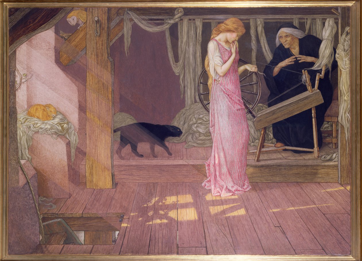 A Bela Adormecida: a princesa pica o dedo (tempera) de John Dickson Batten