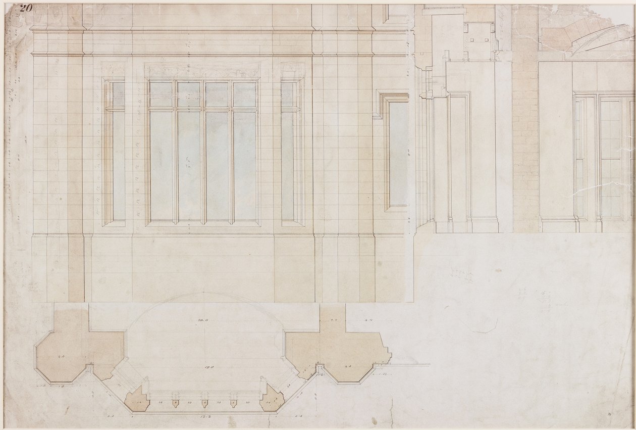 Design para janela em Holme Eden (caneta e tinta e lavagem (azul e marrom) em papel (em papel)) de John Dobson
