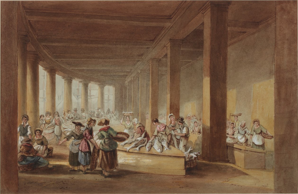 O mercado de peixe velho, Sandhill, Newcastle upon Tyne (bc, caneta e tinta sobre papel) de John Dobson