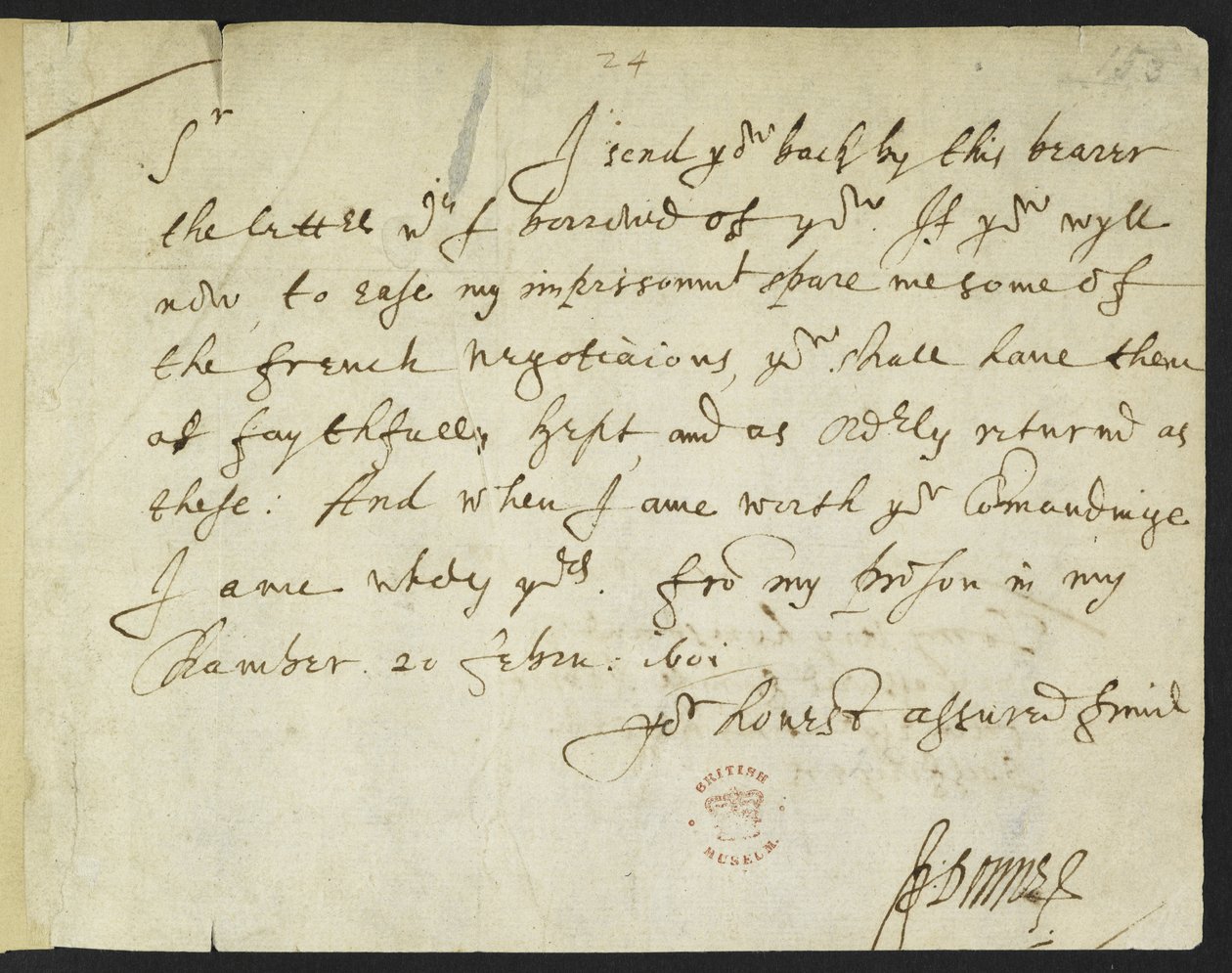 Algodão Julius C. III, f.153 Carta de autógrafo de John Donne a Sir Robert Cotton, escrita da prisão, 20 de Fevereiro de 1601 (tinta sobre papel) de John Donne