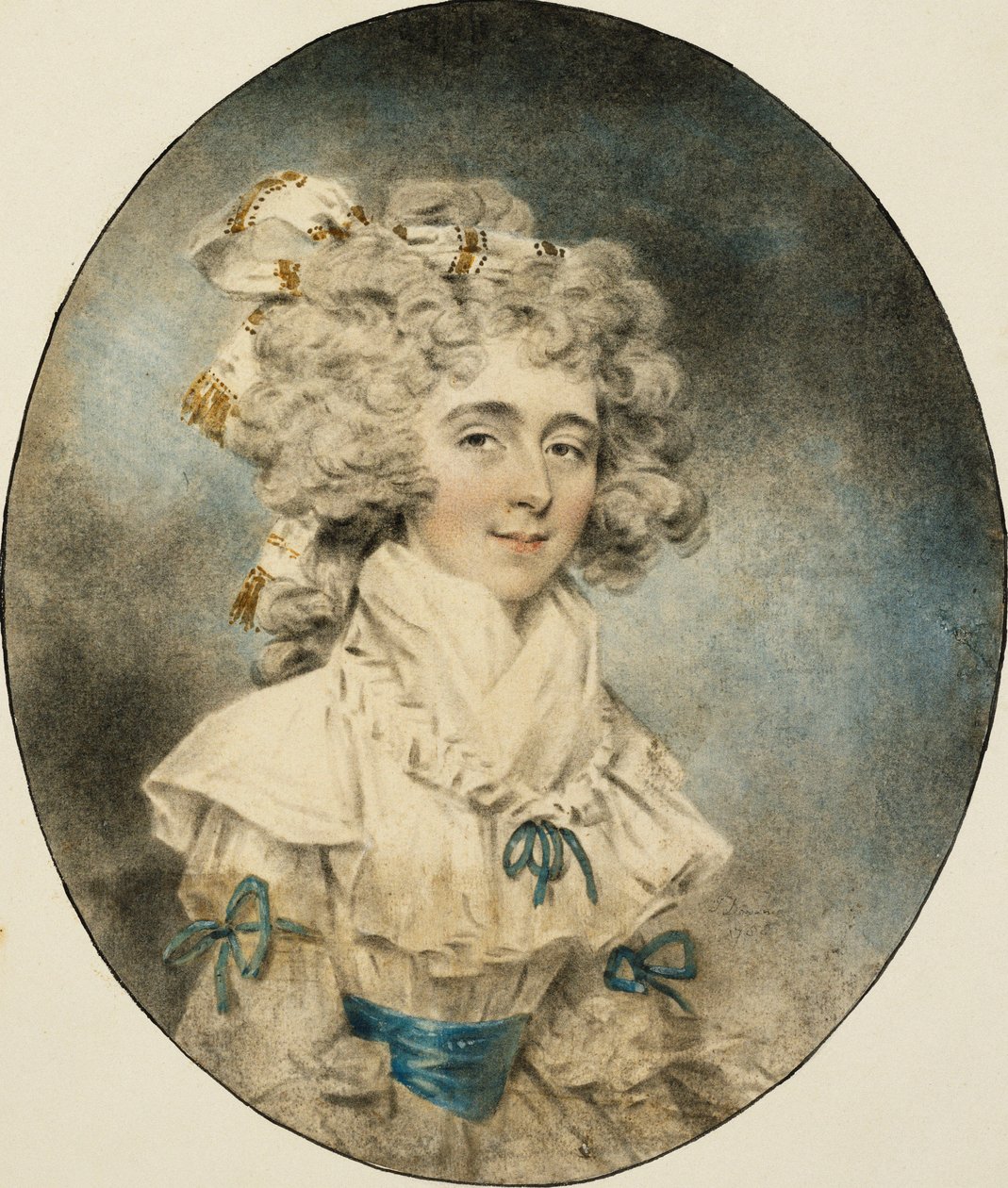 Retrato da Sra. Fisher, meio comprimento, em um vestido branco adornado com fitas azuis, 1788 de John Dowman