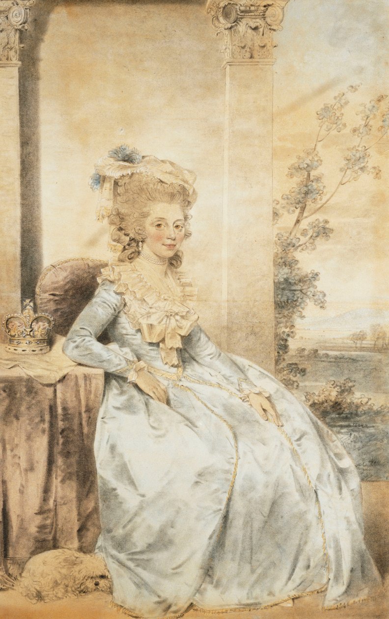 Retrato da rainha Charlotte, sentado por uma mesa com uma paisagem além, 1784 de John Dowman