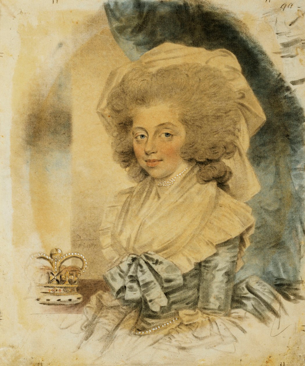 Retrato da rainha Charlotte, pequena metade do comprimento usando um vestido azul e branco, sua coroa ao lado dela, 1787 de John Dowman