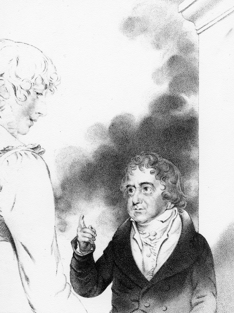 Conde Jozef Boruwlaski com a filha do artista, Isabella Chloe Downman, gravada por William Thomas Fry, 1821 de John Downman