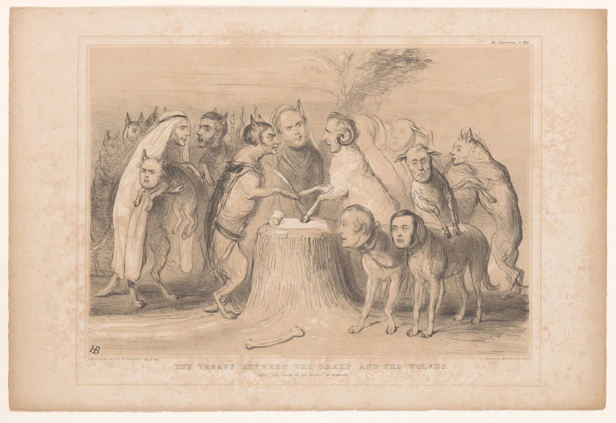 Pact tussen de wolven en de schapen
O tratado entre as ovelhas e os lobos. Depois de Les Loups et les Brevis de Granville (título sobre o objecto)
HB Sketches (título da série sobre o objecto) de John Doyle