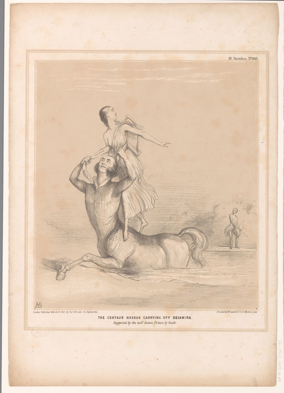 Spotprent conheceu Lord Bentinck als de centaur Nessus
O centauro Nessus carregando a Deianira. Sugerido pelo conhecido Quadro de Guido (título sobre o objecto)
HB Sketches (título da série sobre o objecto) de John Doyle