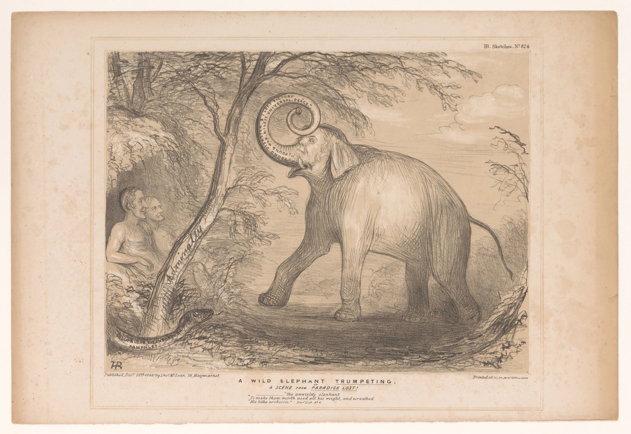 Spotprent conheceu Lord Ellenborough como um gnu olifante
Uma trombeta de elefante selvagem. Uma Cena do Paraíso Perdida! (título sobre o objecto)
HB Sketches (título da série sobre o objecto) de John Doyle