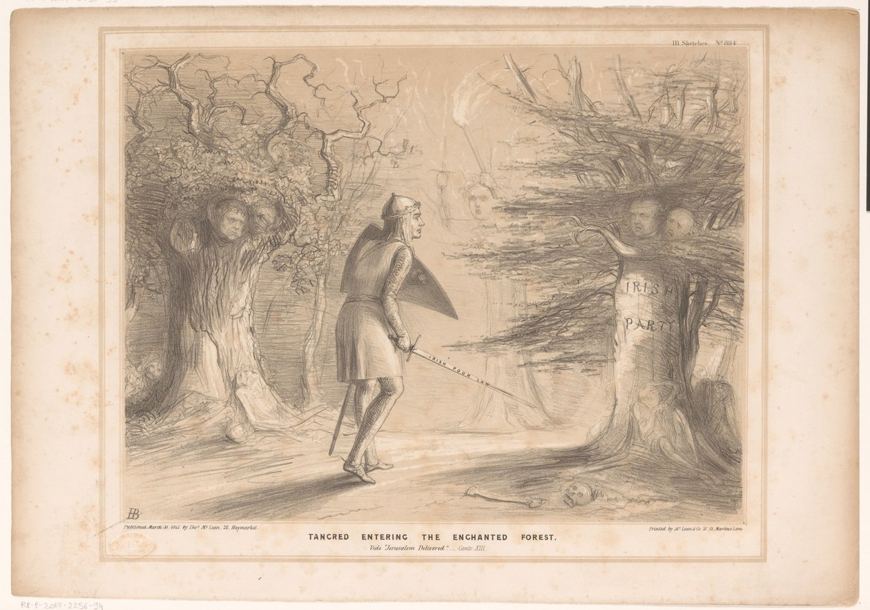 Spotprent conheceu Lord Russell como Tancredi
O Tancred a entrar na floresta encantada. Vídeos Jerusalém Entregue. Canto XIII (título sobre o objecto)
HB Sketches (título da série sobre o objecto) de John Doyle