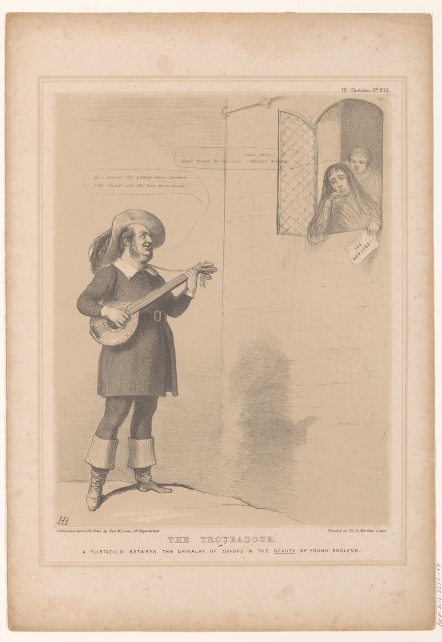 Spotprent conheceu Sir Robert Inglis als troubadour
O trovador, ou Um flerte entre o cavalheirismo de Oxford e a beleza da jovem Inglaterra (título sobre o objecto)
HB Sketches (título da série sobre o objecto) de John Doyle