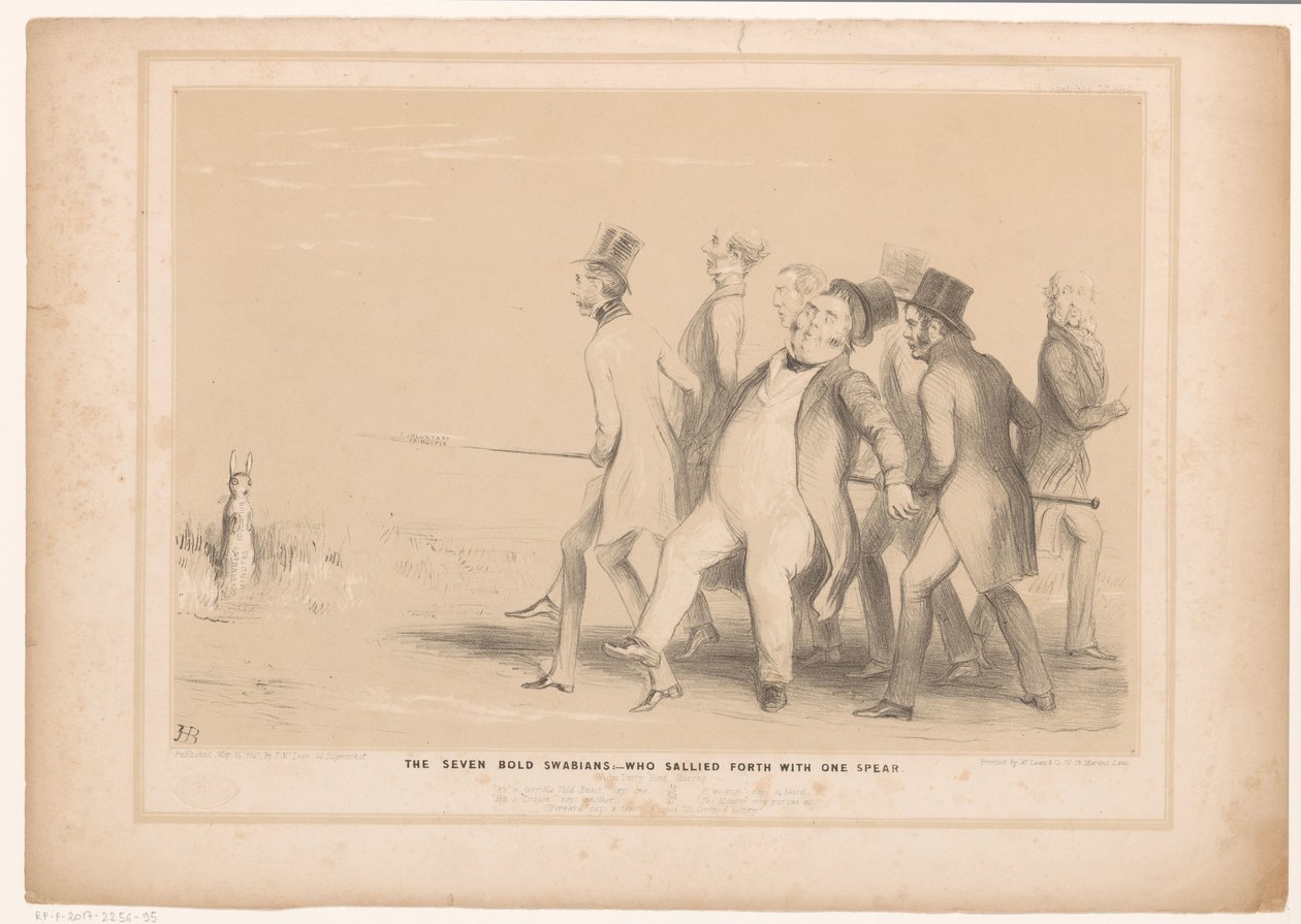 Desenho animado mostrando sete homens a atacar uma lebre com uma lança
Os sete ousados Swabians: - que saltearam com uma lança (título sobre o objecto)
HB Sketches (título da série sobre o objecto) de John Doyle