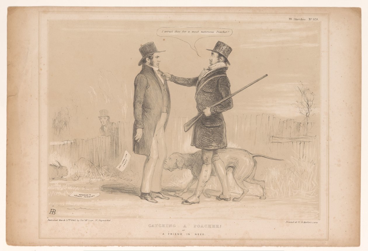 Cartoon sobre a política doméstica inglesa Pegando um caçador! ou Um amigo necessitado (título no objeto) HB Sketches (título da série no objeto) de John Doyle