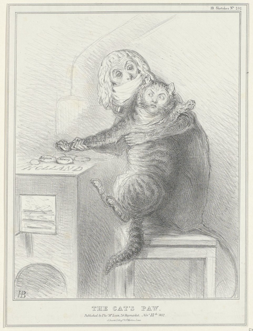 Spotprent em Talleyrand em Palmerston, 1832 A Pata do Gato (título no objeto) Sketches Políticos (título da série) de John Doyle