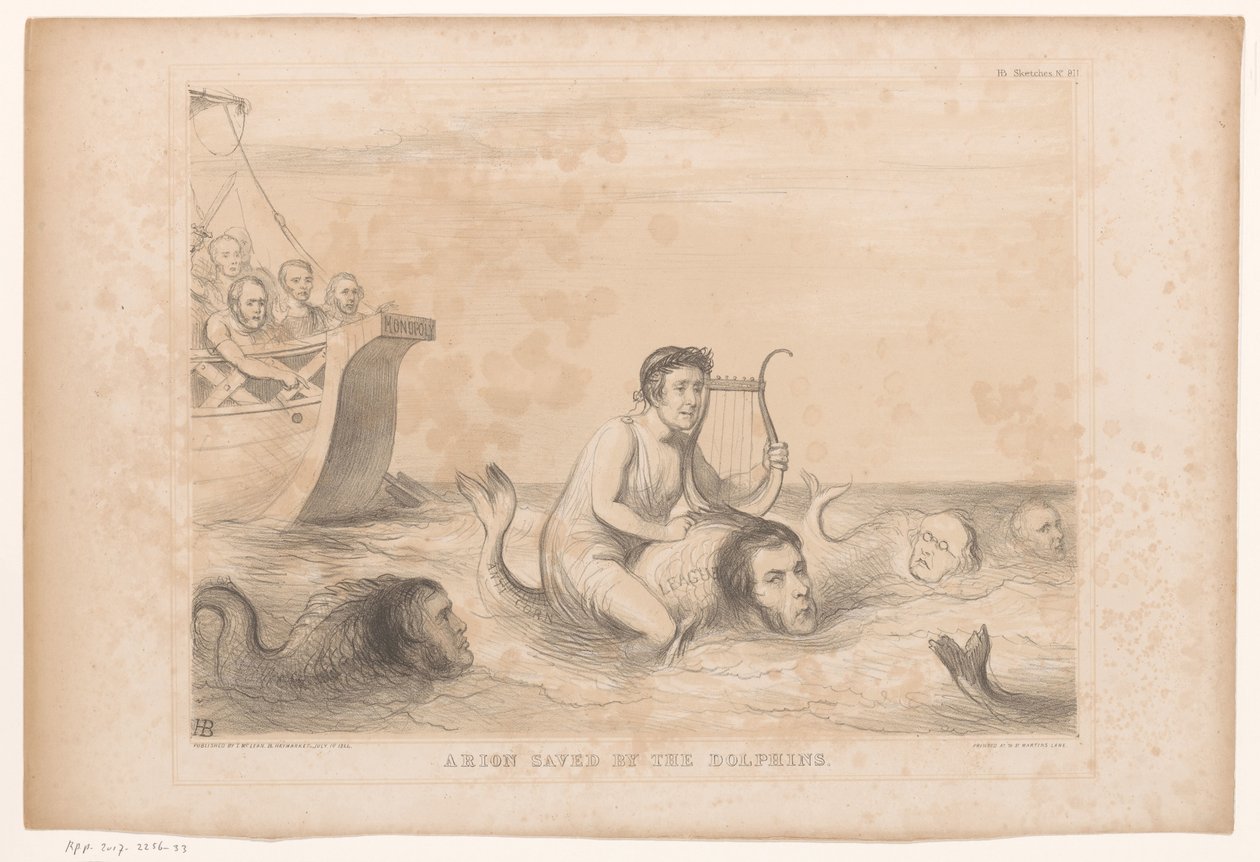 Cartoon sobre a política doméstica inglesa Arion salvo pelos golfinhos (título no objeto) HB Sketches (título da série no objeto) de John Doyle