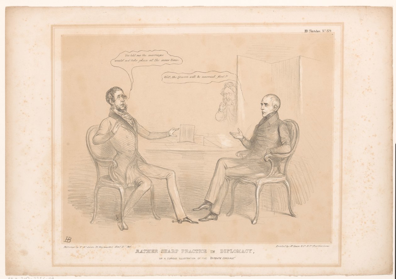 Spotprent op koninklijke huwelijken
Uma prática bastante aguçada na diplomacia, ou uma curiosa ilustração do Entente Cordiale (título sobre o objecto)
HB Sketches (título da série sobre o objecto) de John Doyle