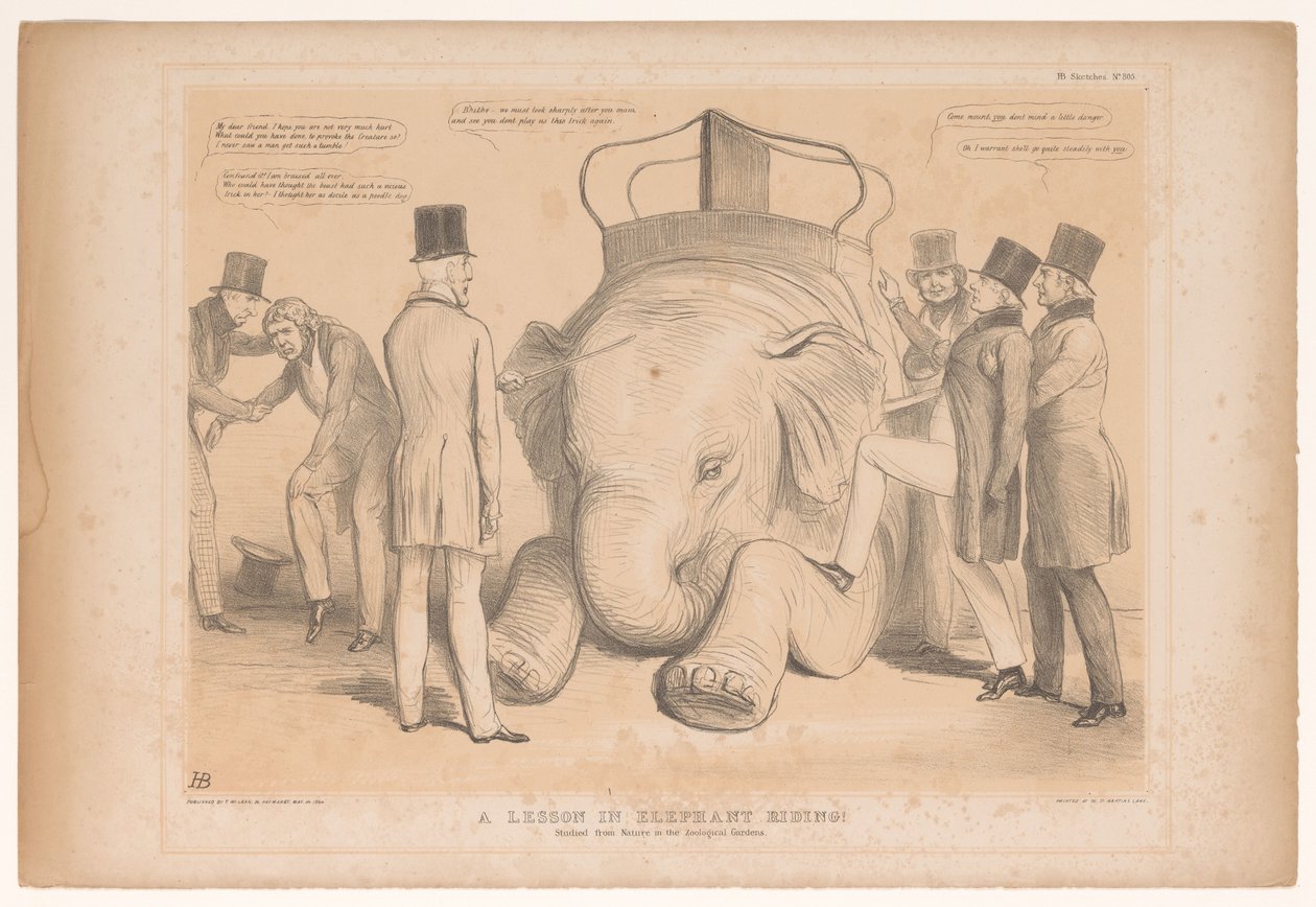 Spotprent over de aanstelling van Henry Hardinge als gouverneur van India Uma aula de equitação de elefante! Estudou na Nature in the Zoological Gardens (título no objeto) HB Sketches (título da série no objeto) de John Doyle