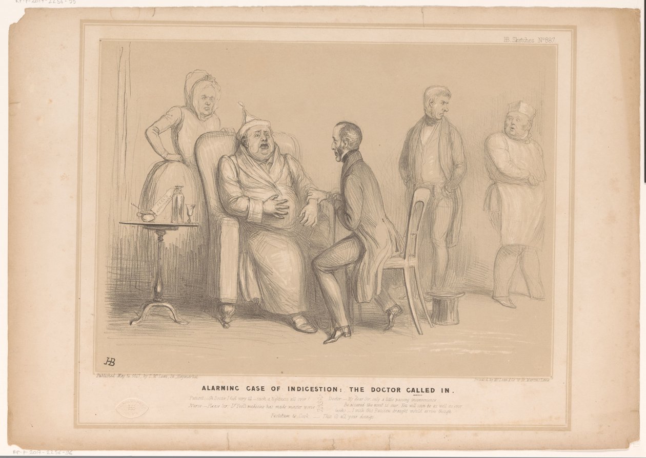Spotprent waarin John Bull door de arts wordt bezocht
Caso alarmante de indigestão: o médico chamado (título sobre o objecto)
HB Sketches (título da série sobre o objecto) de John Doyle