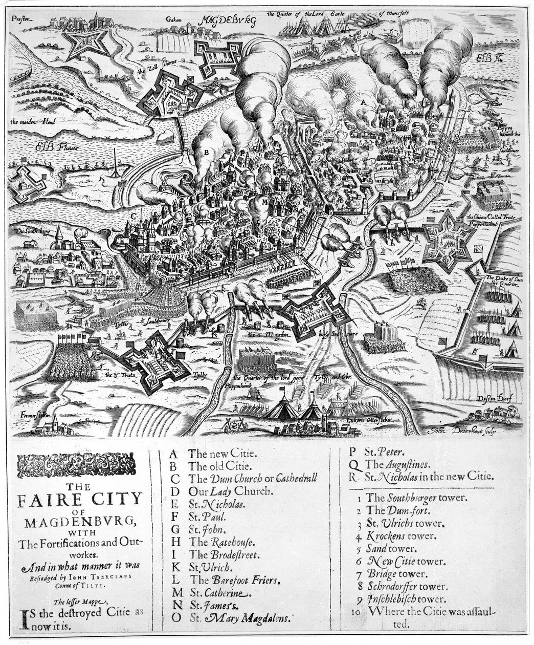 The Faire City of Magdenburg, com The Fortifications and Outworkes. E de que maneira foi Besiedged por John Tserclaes Conde de Tilty, 1631 de John Droeshout