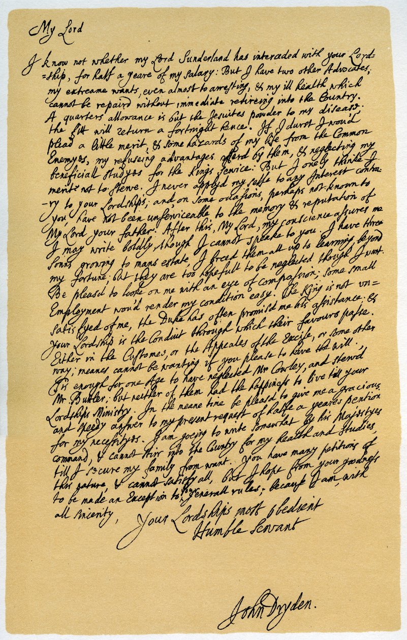 Carta de John Dryden a Laurence Hyde, c1682-1683. de John Dryden