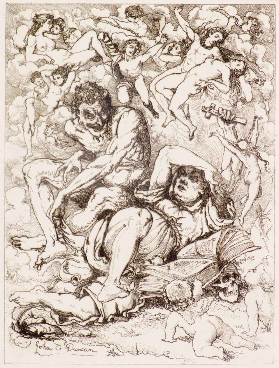 Figura Reclinada Segurando Cruz, o Diabo Sentado nas proximidades Cercado por Figuras Flutuantes (gravura) de John Duncan