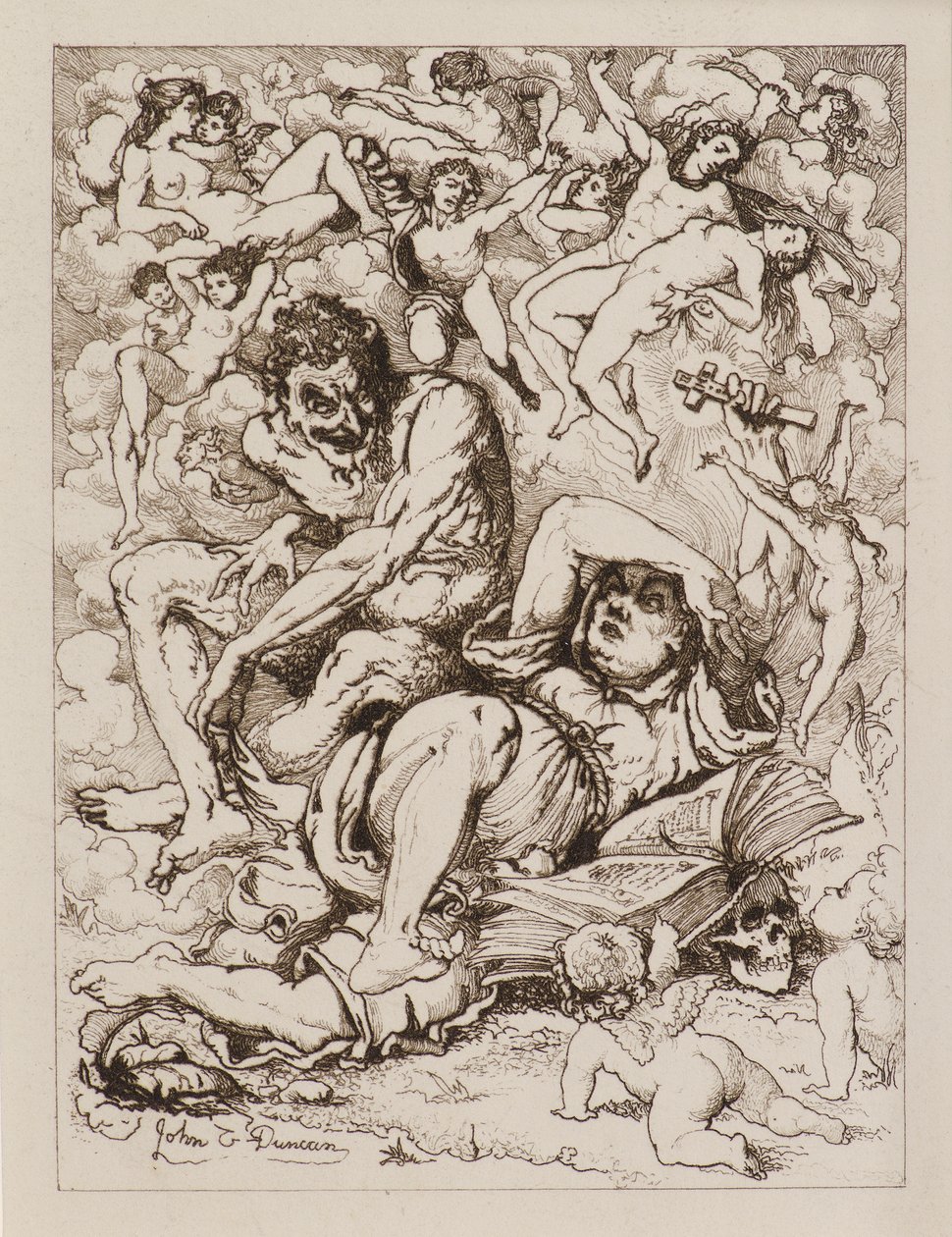 Figura Reclinada Segurando Cruz, o Diabo Sentado nas proximidades Cercado por Figuras Flutuantes (gravura) de John Duncan