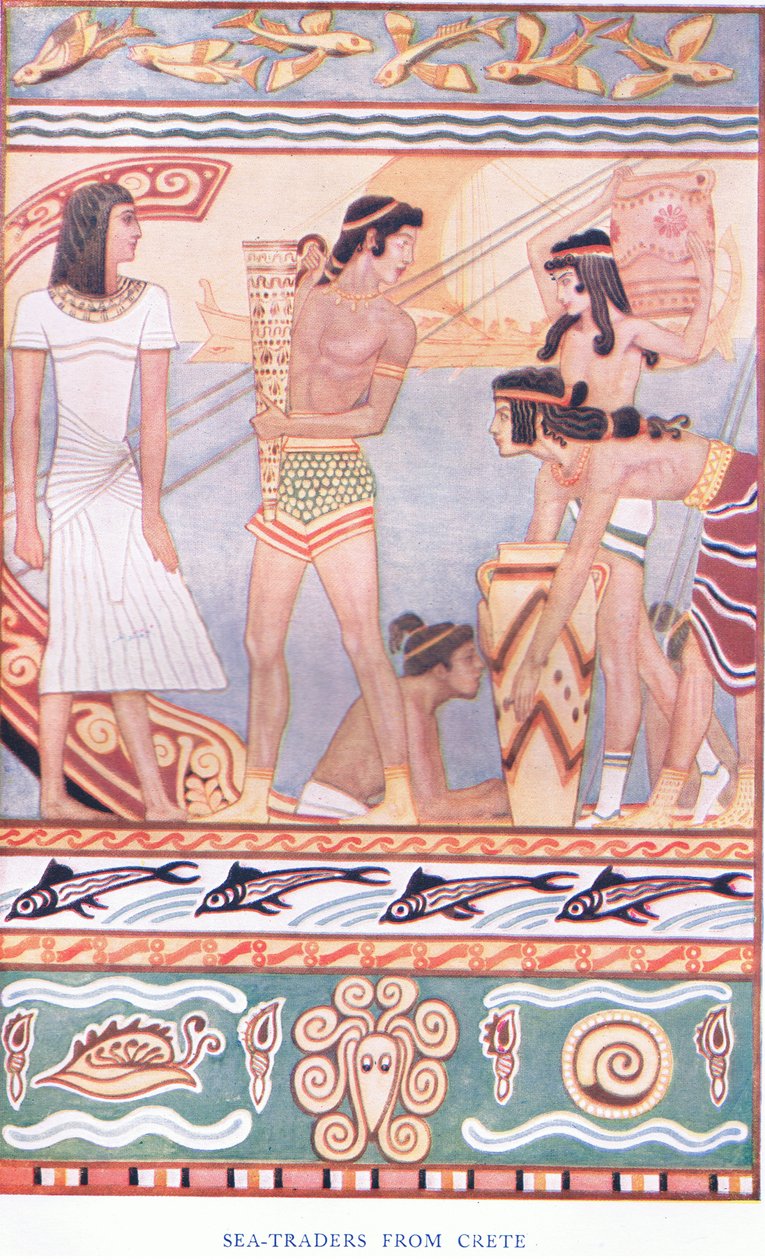 Comerciantes de mar de Creta, ilustração de mitos de Creta e pré-helênica Europa pub. pela Gresham Publishing Company Limited dos anos 20 de John Duncan