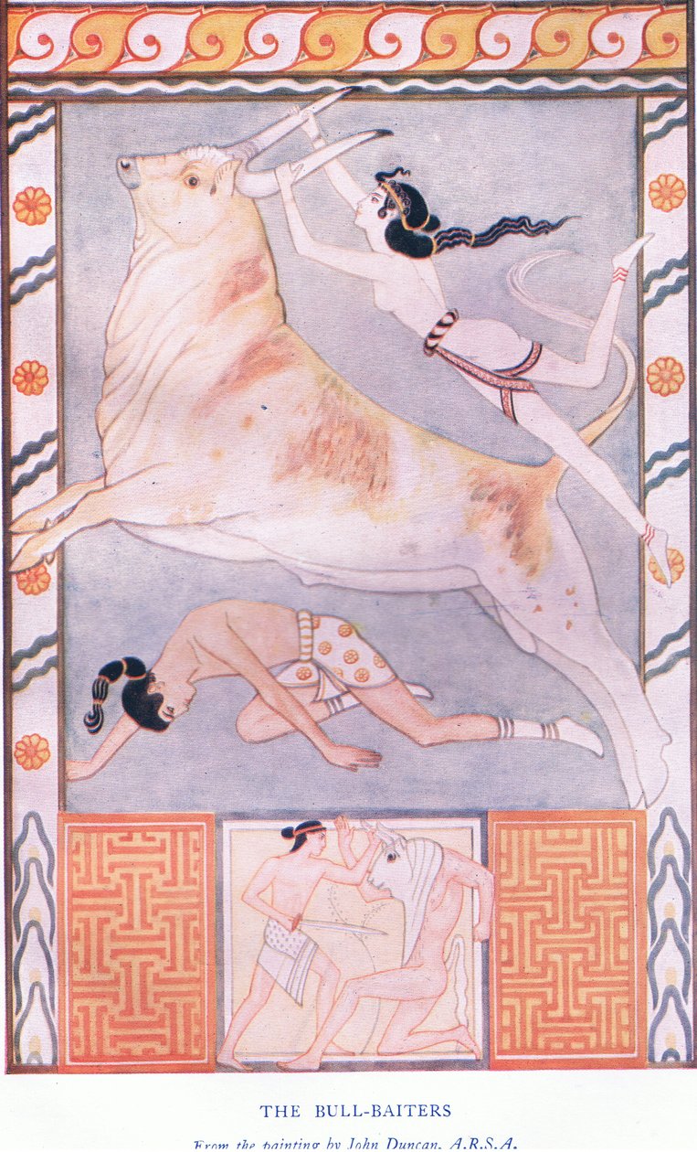 O Bull Baiters, ilustração de mitos de Creta e pré-helênica Europa pub. pela Gresham Publishing Company Limited dos anos 20 de John Duncan