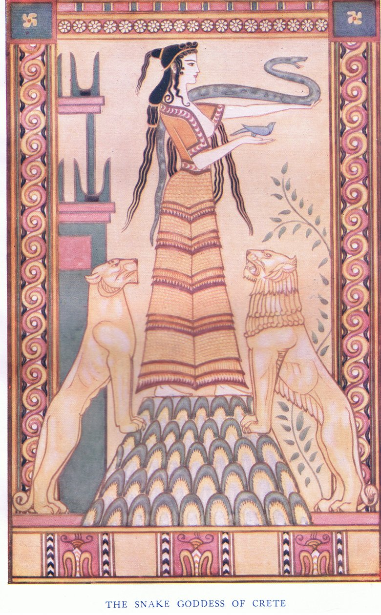A deusa da serpente de Creta, ilustração dos mitos do Crete e do pub Pre-Hellenic de Europa. pela Gresham Publishing Company Limited dos anos 20 de John Duncan