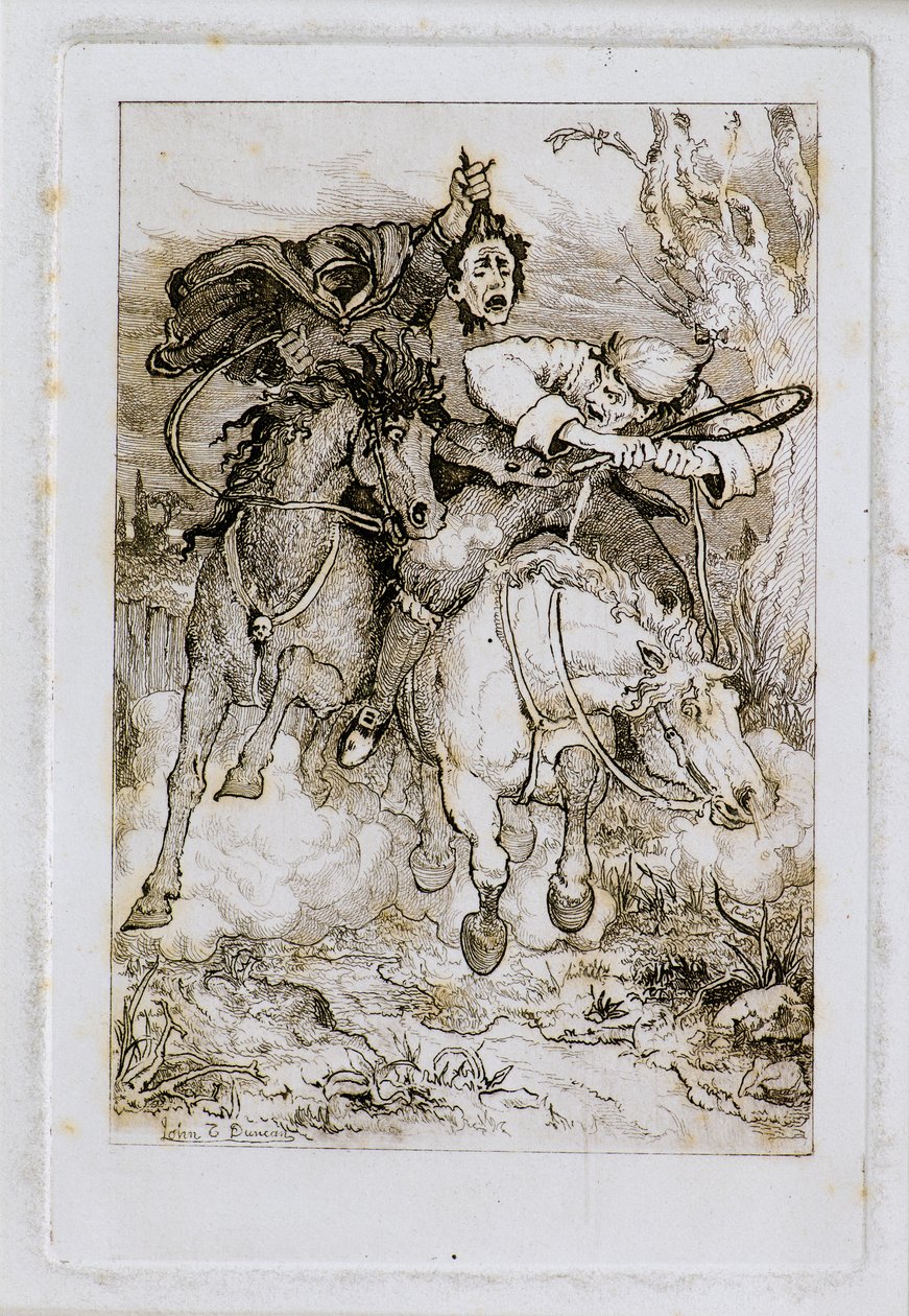 Dois Cavaleiros Galopantes [um carregando sua própria cabeça] (gravura) de John Duncan