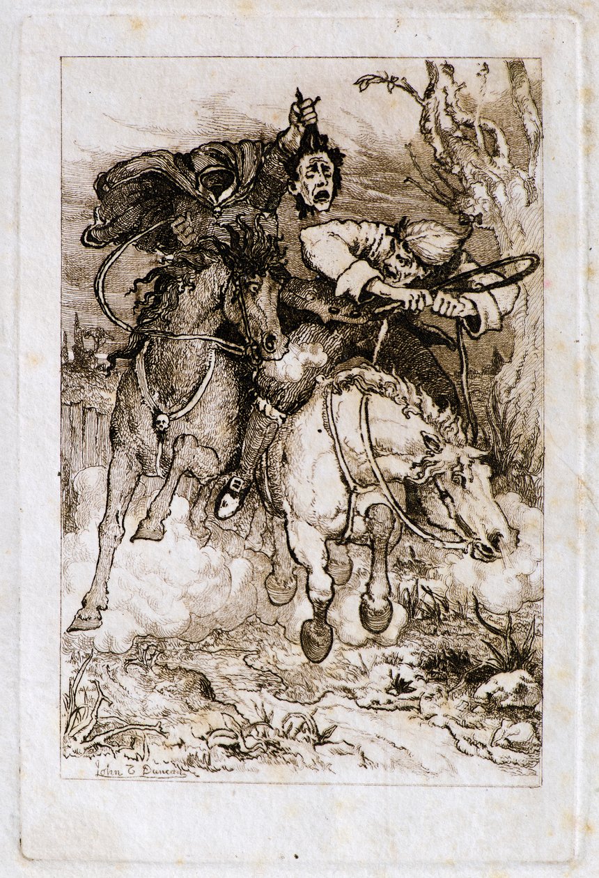 Dois Cavaleiros Galopantes [um carregando sua própria cabeça] (gravura) de John Duncan