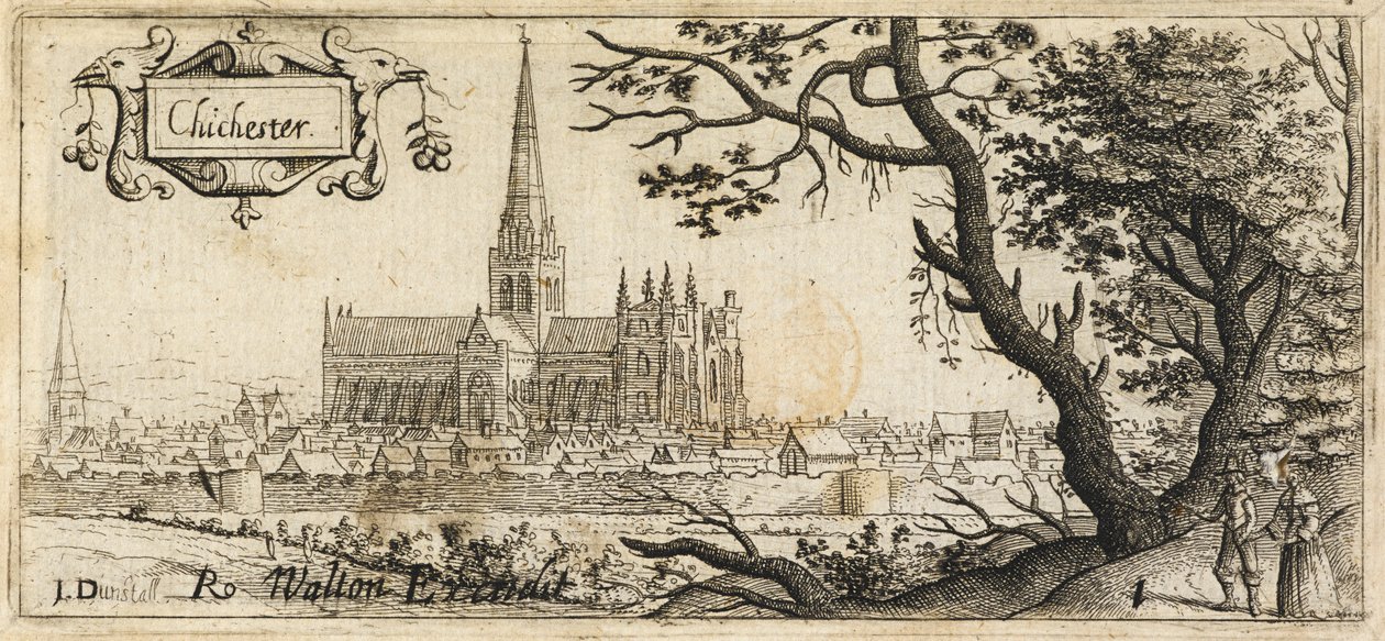 Duas figuras ao lado de uma grande árvore do lado direito em primeiro plano; a cidade de Chichester ao longe; as muralhas da cidade a percorrer a cena; a Catedral de Chichester no centro da imagem, c.1660 (gravura) de John Dunstall
