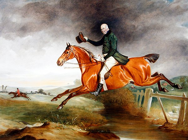 Retrato de George Marriott no seu caçador na baía, tomando uma cerca com uma caçada além de John E. Ferneley