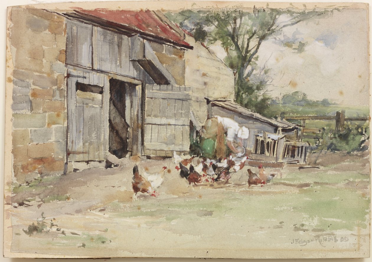 Alimentando as Galinhas, 1909 (wc no papel) de John Edgar Mitchell