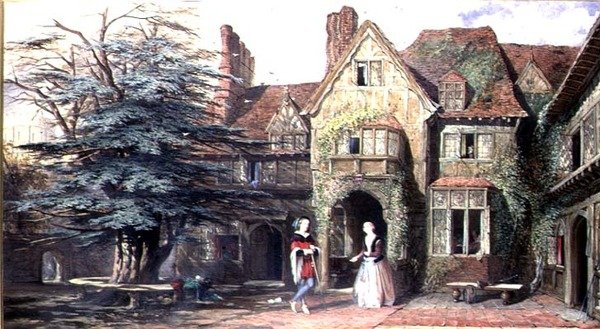 Exterior de Stoke House, com figuras de John Edmund Buckley