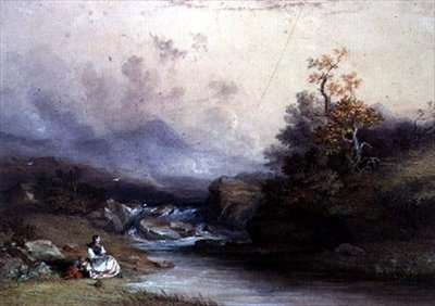 Vista, de, um, montanha, torrent, com, dois, femininas, figuras, 19o século de John Edmund Buckley