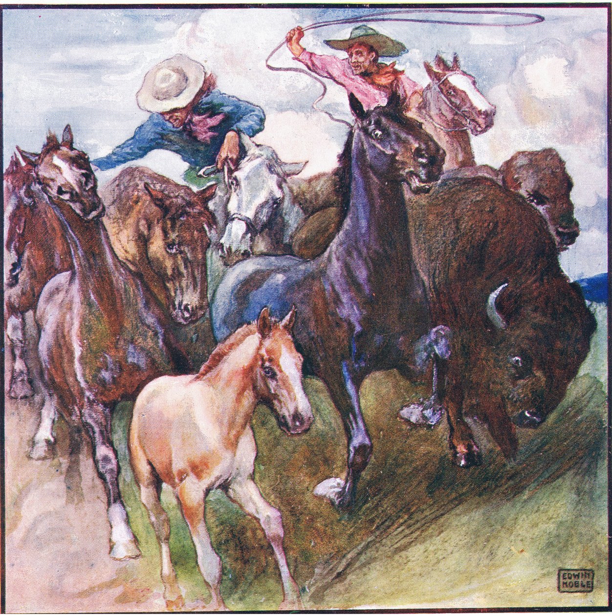 Fora ele foi-selvagem búfalo-cavalo selvagem e caçador selvagem (lito colorido) de John Edwin Noble