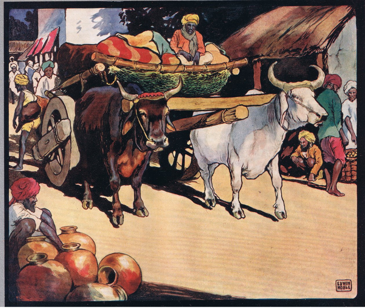 Bois puxando uma carroça, ilustração de 