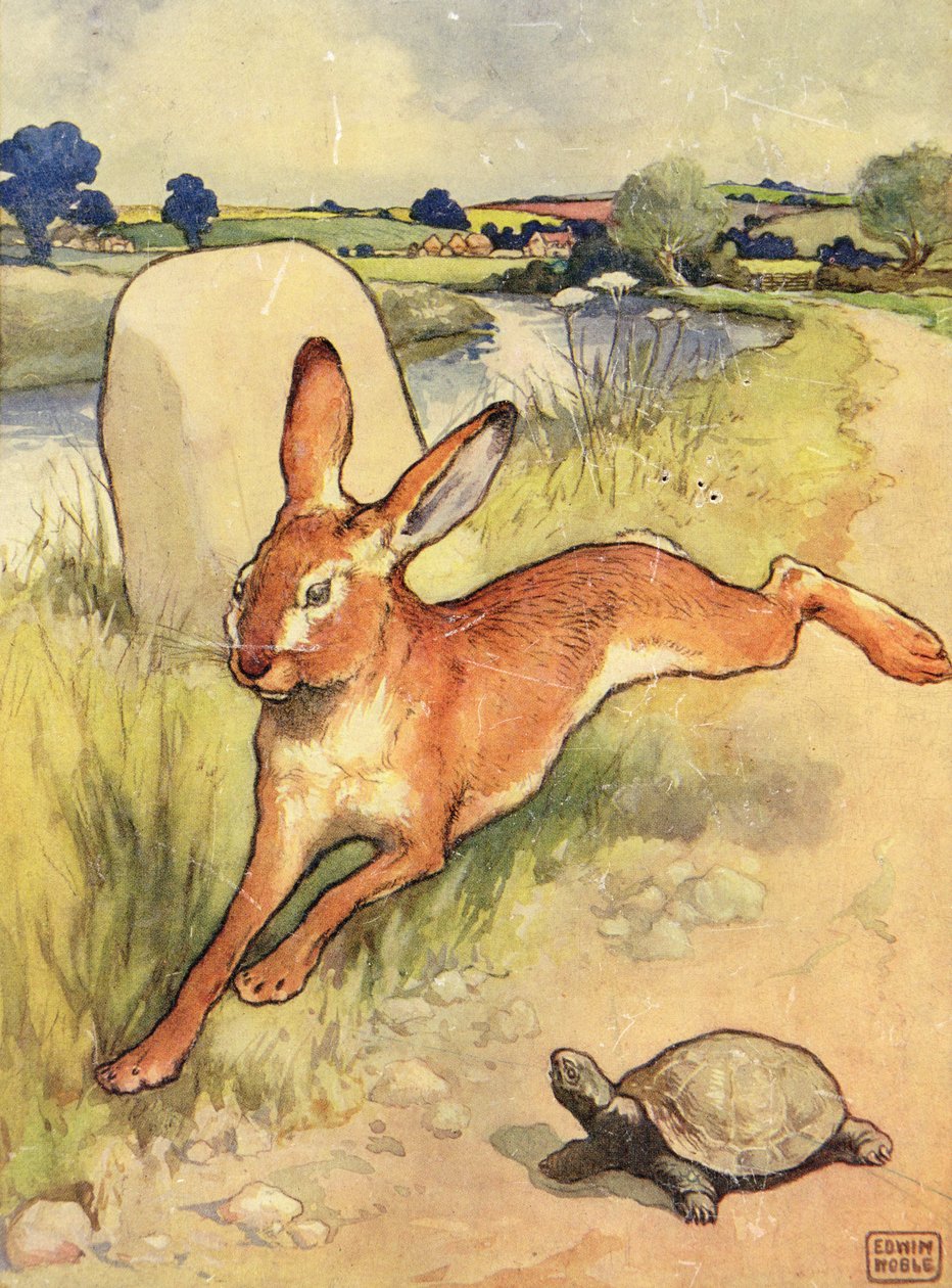 A Tartaruga e a Lebre das Fábulas de Esopo, pub. por Raphael Tuck & Sons Ltd., Londres (ilustração do livro) de John Edwin Noble