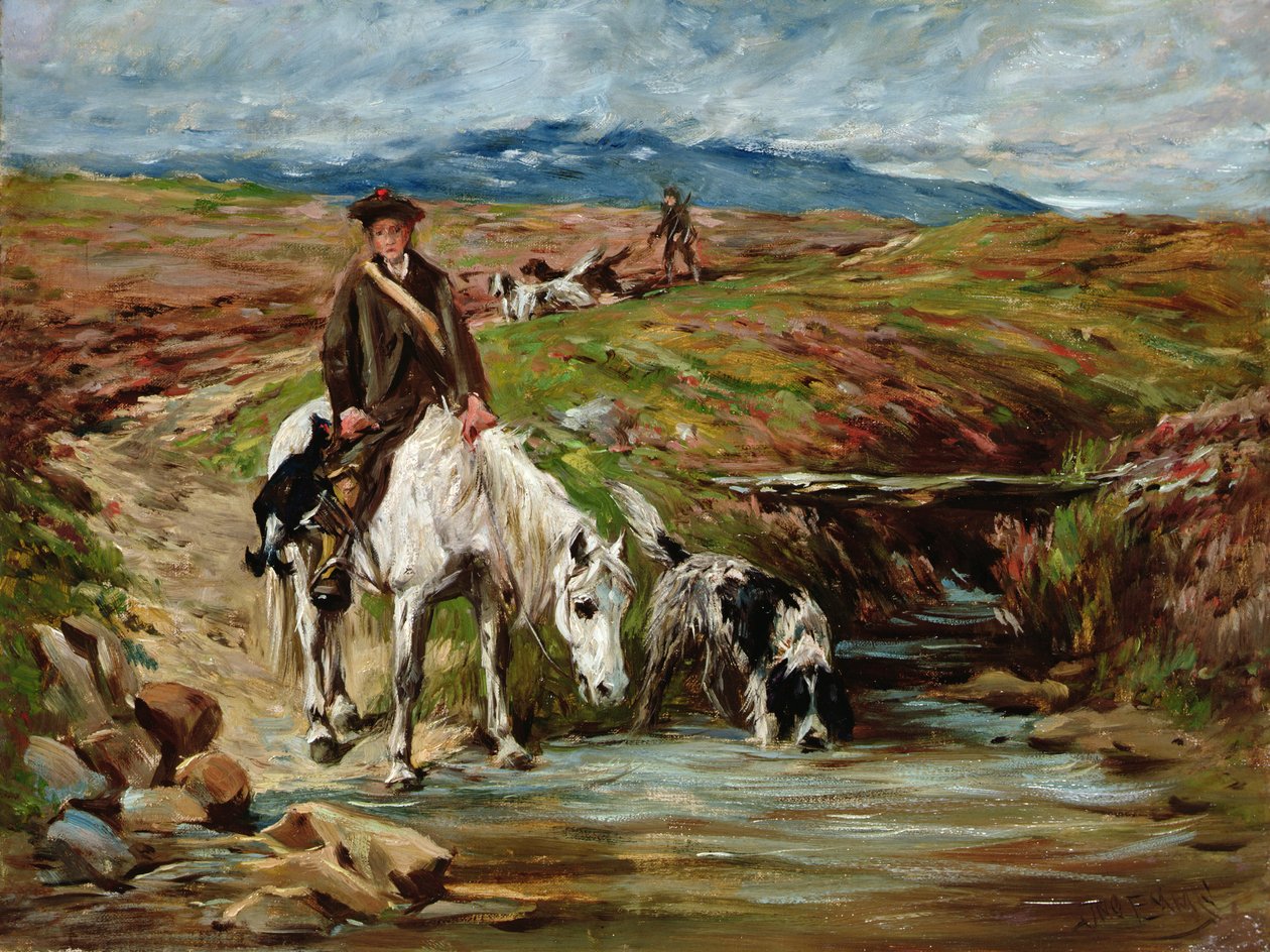 Cavalo e Spaniel bebendo de um córrego de John Emms