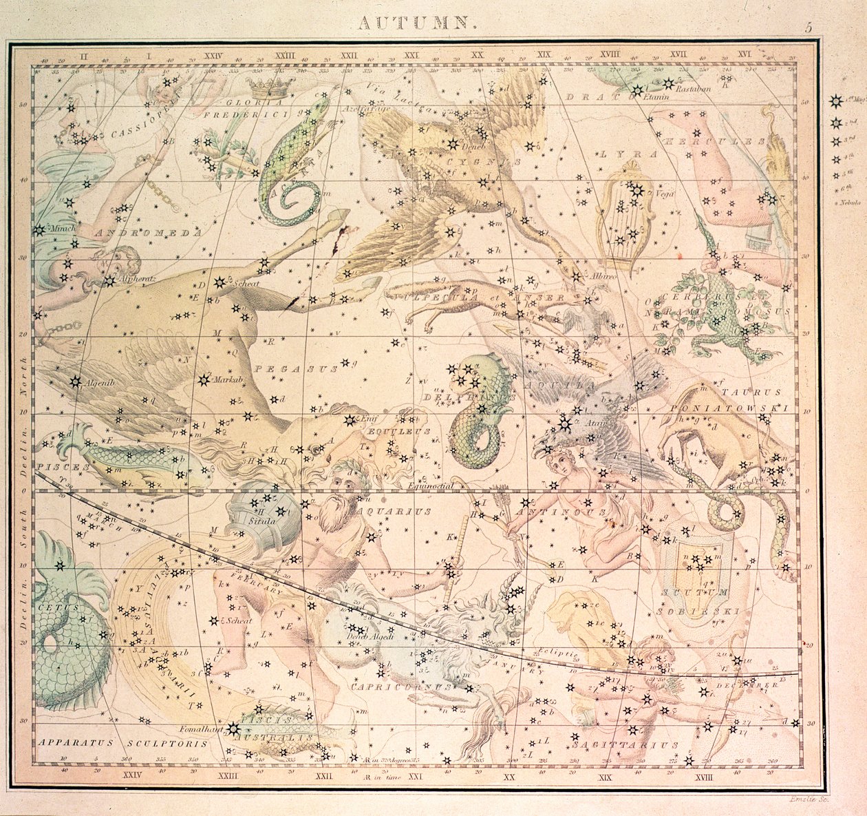 Carta celestial: Outono, mostrando sinais do zodíaco e posições das estrelas (gravura) de John Emslie