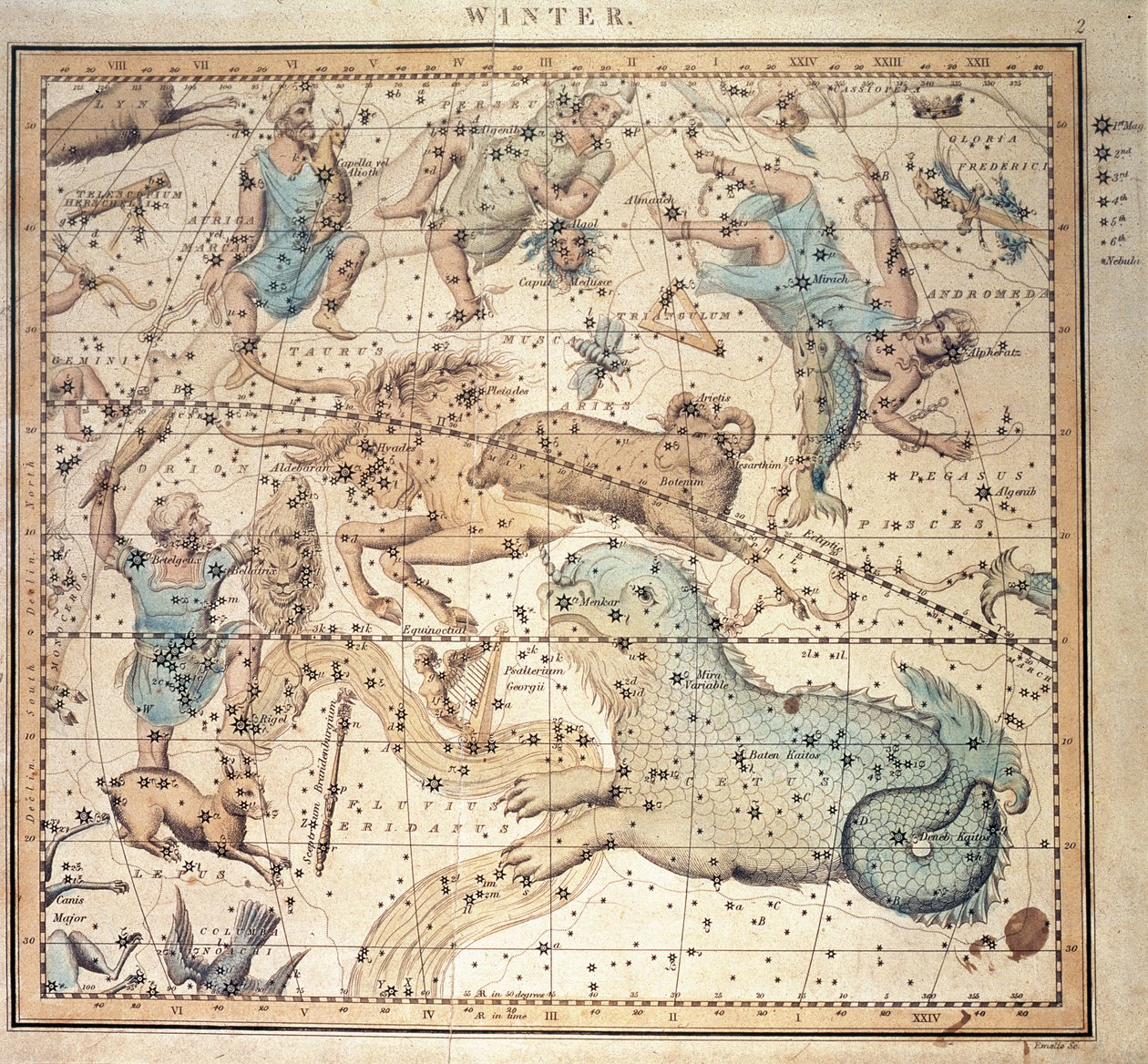 Carta celestial: Inverno, mostrando sinais do zodíaco e posições das estrelas (gravura) de John Emslie