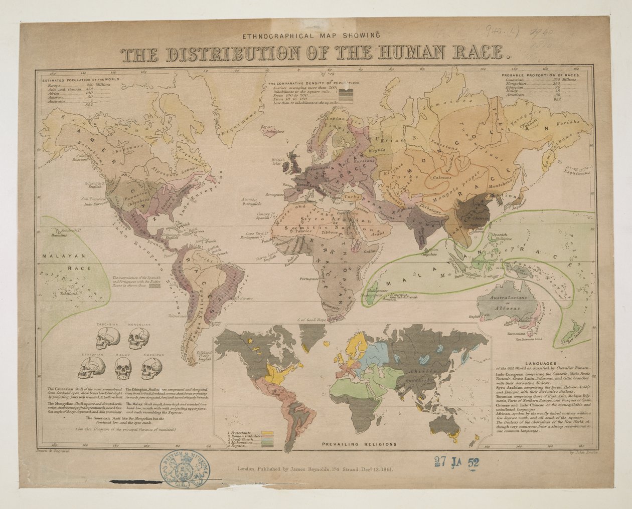 Mapa Etnográfico, mostrando a distribuição da Raça Humana de John Emslie