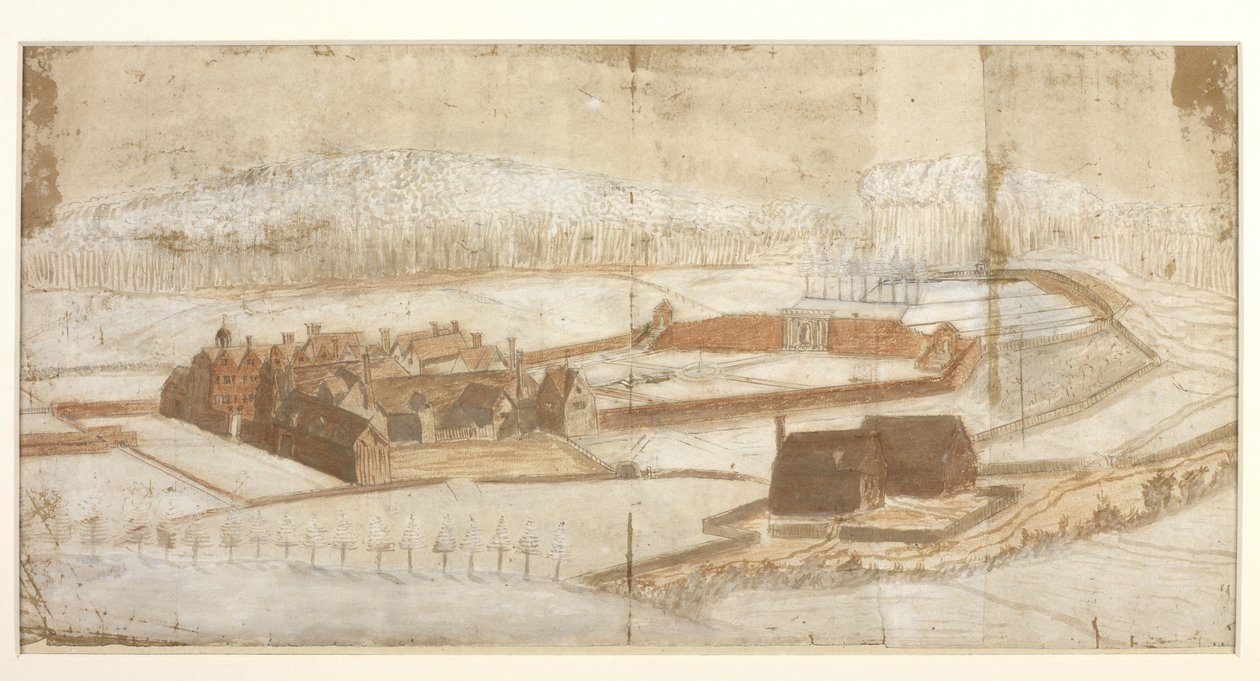 Adicionar. 78610.(h) Vista de Wotton com o jardim, gruta e arredores do canto oeste, c.1650 (caneta e tinta com giz de cera e aguada) 215 x 435 mm  John Evelyn  1650? de John Evelyn