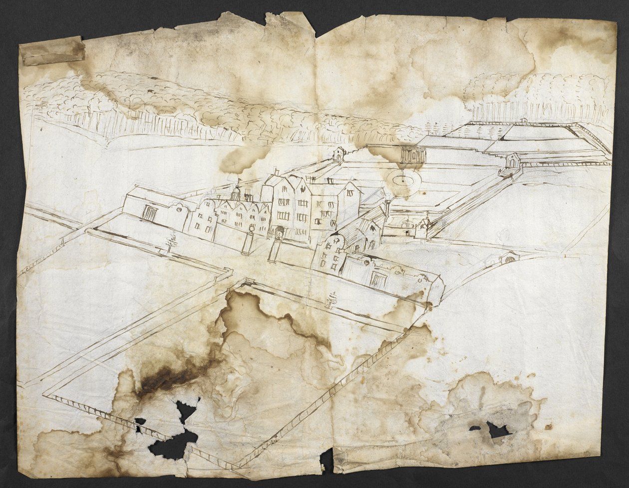 Acrescentar. 78610 (i) Prospecto de Wotton com o jardim, gruta e arredores do noroeste, c.1650 (caneta e tinta sobre papel) de John Evelyn